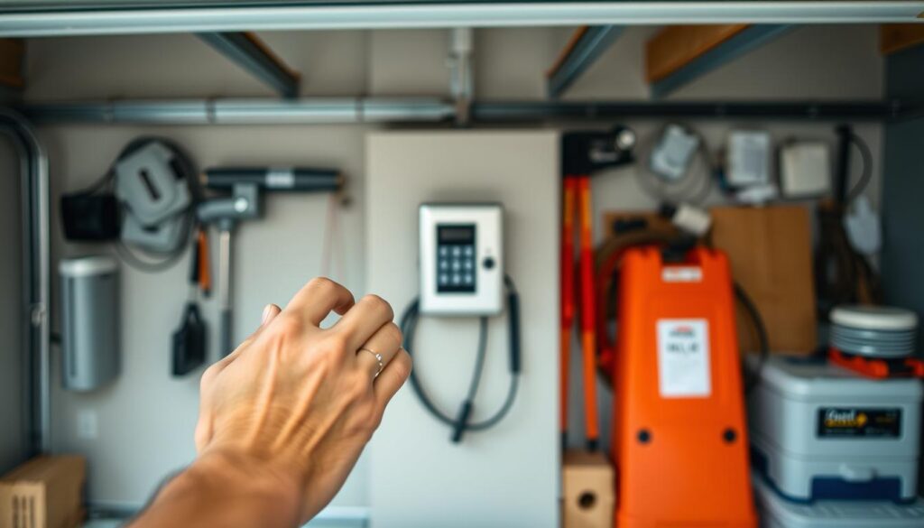 A well-lit, close-up view of a modern keypad garage entry system being installed. The foreground shows a person's hands carefully programming the keypad, their fingers navigating the buttons with precision. In the middle ground, the keypad housing is mounted on the garage wall, its sleek, minimalist design complementing the surrounding architecture. The background reveals the organized workspace, with tools and materials neatly arranged, conveying a sense of professionalism and attention to detail. The overall scene exudes a calm, focused atmosphere, reflecting the careful preparation required for a successful keypad garage entry system installation.