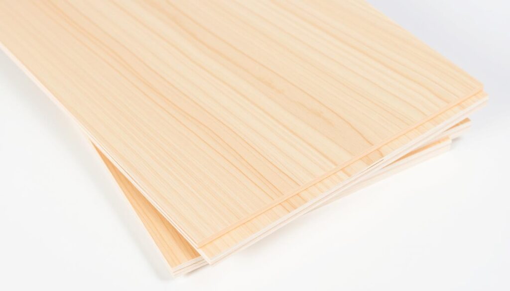 A well-lit, close-up view of a stack of 3-4 pieces of high-quality plywood, each approximately 12 inches by 18 inches in size, suitable for repairing a collapsed dining chair seat pad. The plywood has a smooth, uniform surface texture and a warm, natural wood grain pattern. The pieces are arranged neatly, slightly overlapping, creating a visually appealing composition. The lighting is soft and diffused, highlighting the material's depth and sheen. The background is clean and uncluttered, allowing the plywood to be the focal point of the image.