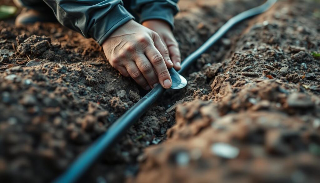 A well-lit, close-up view of an armoured cable installation process. The cable is being carefully laid into a trench, with the surrounding soil neatly compacted. The worker's hands are visible, gently guiding the cable and using a trowel to shape the ground. The camera angle is slightly elevated, capturing the meticulous attention to detail. The overall scene conveys a sense of safety, precision, and professionalism, reflecting the step-by-step guide for extending a ring main to a garden office.