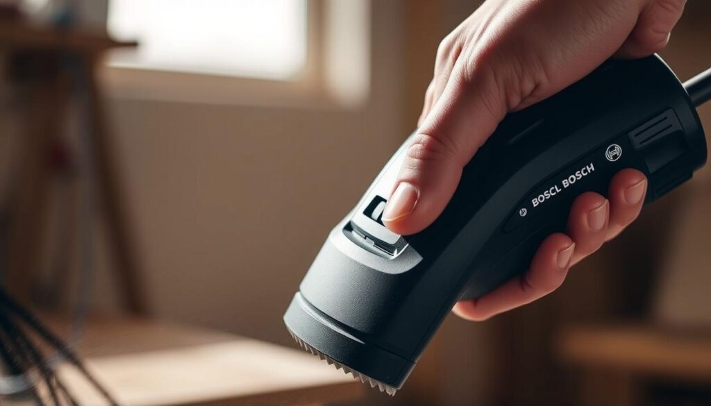 A well-lit, close-up view of the Bosch GEX random-orbit sander, showcasing its ergonomic design. The sander is held in a comfortable, natural hand position, with the rubberized grip and control buttons within easy reach. The image captures the tool's sleek, balanced silhouette, emphasizing its lightweight construction and user-friendly form factor. The background is slightly blurred, keeping the focus on the sander's thoughtful, ergonomic details that enhance its usability and comfort during extended sanding sessions.
