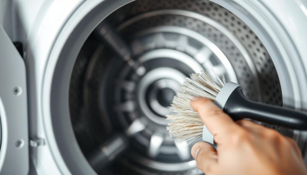 A well-lit closeup of a tumble dryer interior, revealing the intricate condenser coils. The coils are covered in lint and dust, showcasing the need for thorough cleaning. In the foreground, a hand is gently brushing the coils with a soft-bristled brush, dislodging the built-up debris. The middle ground shows the dryer drum and other internal components, providing context. The background is slightly blurred, keeping the focus on the cleaning process. The image conveys a sense of attention to detail and the importance of maintaining appliance efficiency.