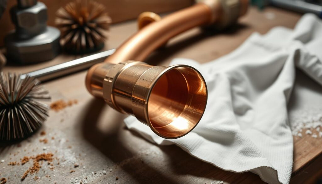 A well-lit copper pipe section, its end meticulously cleaned and prepped for installation. The pipe rests on a sturdy workbench, surrounded by a collection of tools - wire brushes, sandpaper, and a clean cloth. Soft shadows cast by a directional light source highlight the pipe's polished, gleaming surface, conveying a sense of precision and care. The overall mood is one of focused attention to detail, reflecting the importance of proper pipe preparation for a successful valve installation.