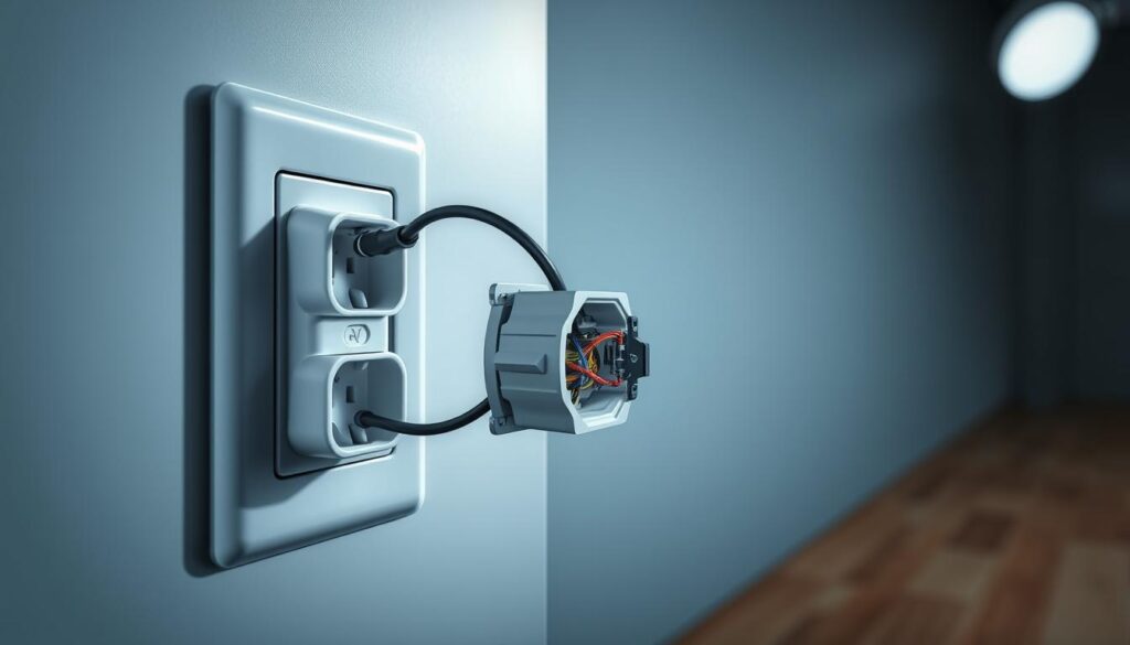 A well-lit, detailed, and technically accurate illustration of a spur socket installation. The foreground depicts the existing electrical outlet with the spur socket neatly and securely installed, emphasizing the proper wiring techniques. The middle ground showcases the spur socket's internal components and the wiring connections. The background provides a clean, uncluttered workspace, with a slight perspective to convey depth and a sense of professional craftsmanship. Lighting is soft and directional, highlighting the intricate details of the installation process. The overall scene conveys a sense of precision, safety, and adherence to essential wiring rules.