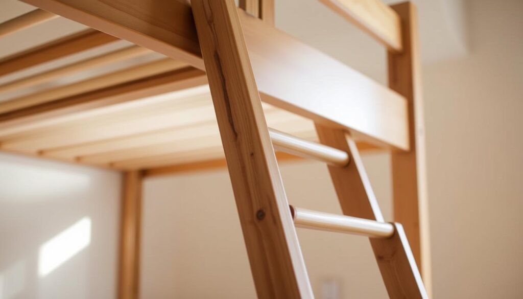 A well-lit, detailed image of a sturdy bunk bed ladder with a focus on safety features. The ladder is made of solid wood or metal, with evenly spaced rungs and sturdy handrails on both sides. The angle of the ladder is gentle, allowing for easy and secure ascent and descent. The lighting is soft and natural, illuminating the ladder from the side to showcase its structure and texture. The background is a simple, clean interior space, allowing the ladder to be the central focus. The overall mood is one of stability, reliability, and attention to safety.