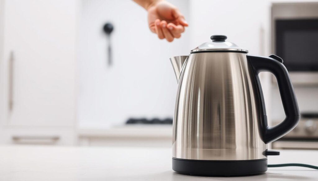 A well-lit, detailed image of an electric kettle on a kitchen counter, showcasing key safety precautions. The kettle is positioned in the foreground, its stainless steel exterior gleaming under a soft, diffused lighting. In the middle ground, a hand is reaching towards the kettle's cord, highlighting the importance of unplugging the device before troubleshooting. The background features a clean, minimal kitchen setting, emphasizing the focus on the kettle and safety procedures. The overall mood is one of attention to detail and responsible appliance usage, conveying the importance of safety precautions before repairing an electric kettle.