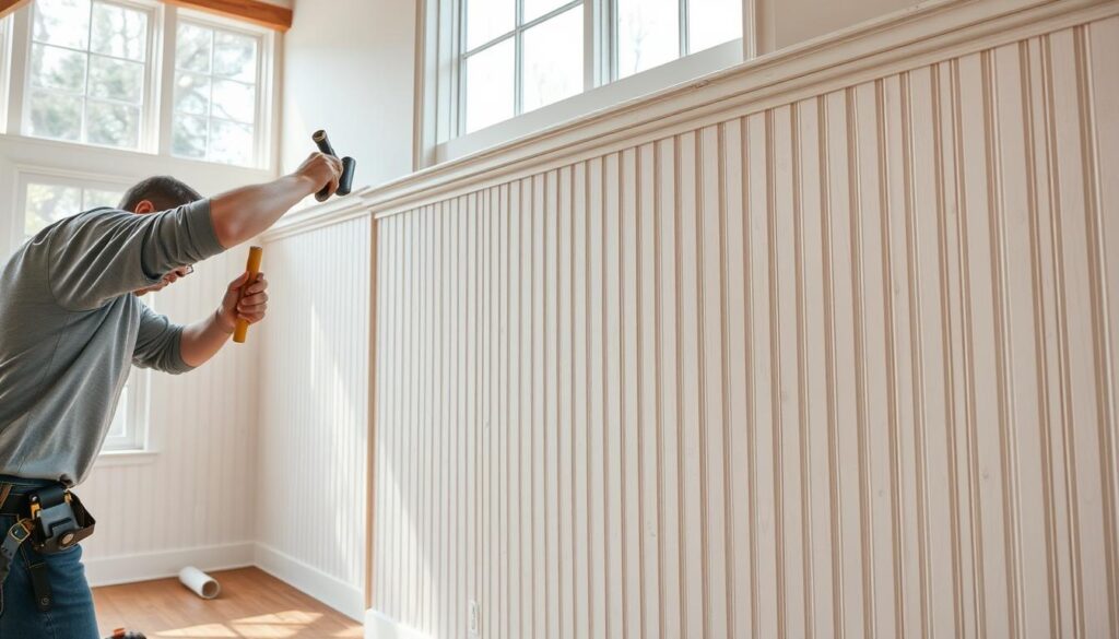 A well-lit, detailed interior scene showcasing the step-by-step installation of beadboard wall paneling. The foreground features a carpenter carefully aligning and securing the beadboard panels to the wall, using a hammer and nails. The middle ground depicts the partially installed beadboard, revealing its intricate vertical grooves and textured surface. The background showcases the spacious room, with natural light flooding in through large windows, highlighting the clean, crisp lines of the new beadboard installation. The scene conveys a sense of precision, craftsmanship, and the satisfying transformation of a space through the addition of this classic, yet modern, wall treatment.