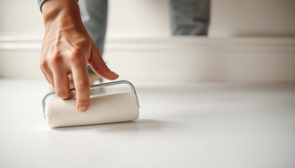 A well-lit, detailed scene of a person carefully painting skirting boards without leaving any visible brush strokes. The figure is shown in a low angle, with their hands skillfully gliding a paint roller evenly across the smooth, freshly primed surface. The skirting boards are a classic white color, accentuating the clean, professional finish. The lighting is bright and diffused, creating soft shadows that highlight the even application of the paint. The background is blurred, keeping the focus on the intricate painting technique. The overall mood is one of precision, efficiency, and a dedication to high-quality workmanship.