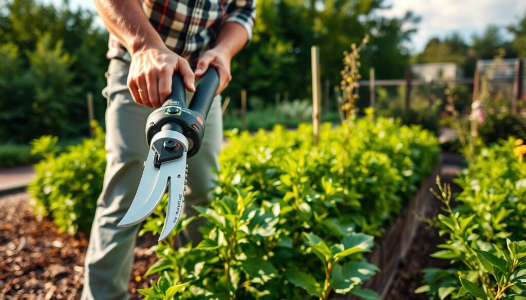 A well-lit, detailed scene of a person in casual clothing using a pair of electric pruners in a lush, verdant garden. The foreground features the pruners' sturdy construction, with sharp blades and a comfortable grip. The middle ground shows the gardener demonstrating proper hand positioning and body posture for safe operation. The background depicts a serene outdoor setting with healthy plants, a clear sky, and gentle natural lighting. The overall atmosphere conveys a sense of caution and care, highlighting the importance of safety when using power tools in the garden.
