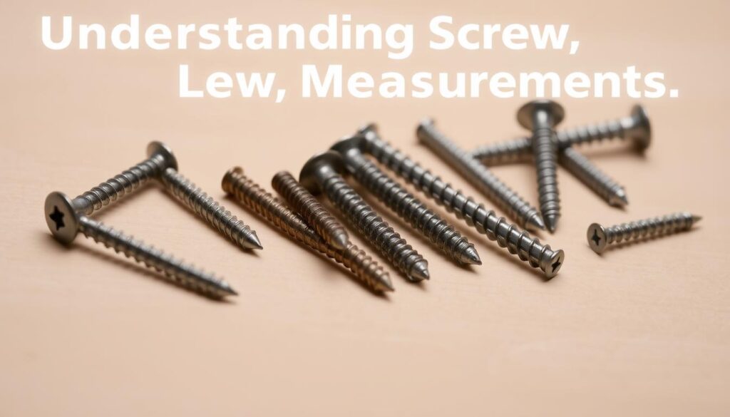 A well-lit, detailed still life photograph of various wood screws laid out on a neutral-colored surface. The screws are arranged in a visually appealing composition, showcasing their different sizes, lengths, and head types. The screws are evenly lit from the side, casting subtle shadows that highlight their dimensional qualities. The image has a clean, minimalist aesthetic, allowing the screws to be the central focus. The depth of field is moderate, keeping the entire set of screws in sharp focus. The overall mood is one of technical precision and attention to detail, suitable for illustrating the topic of "Understanding Screw Measurements".