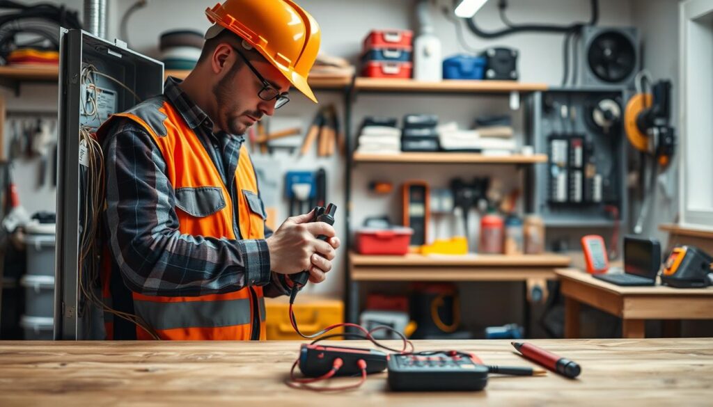 A well-lit, detailed workshop scene with an electrician troubleshooting a residential circuit breaker panel. The foreground shows an open panel with exposed wires and a voltmeter in hand. The middle ground depicts the electrician, wearing a safety vest and hard hat, examining the panel closely. The background features shelves of tools, electrical equipment, and a workbench with various testing devices. The scene conveys a sense of focused professionalism as the electrician methodically identifies and resolves a Residual Current Device (RCD) issue.