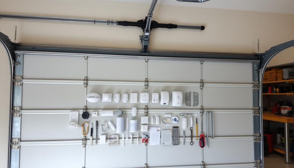 A well-lit garage interior with a sturdy metal garage door in the foreground. The door has reinforced steel panels, heavy-duty hinges, and a high-security locking mechanism. In the middle ground, various DIY security tools and hardware are neatly arranged, including door sensors, motion detectors, and reinforcement brackets. The background shows the organized workbench area of the garage, with shelves of tools and supplies. The scene conveys a sense of protection, functionality, and attention to detail in enhancing the home's security.