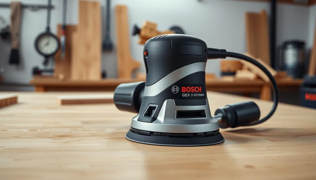 A well-lit, high-angle shot of a Bosch GEX random-orbit sander in a clean, professional workshop setting. The sander is placed on a smooth, polished wooden workbench, showcasing its sleek, ergonomic design with a satin-finish aluminum body and high-grip rubber overmold. The sander's powerful motor and precision-engineered orbital sanding mechanism are clearly visible, suggesting its capability to deliver a smooth, even finish on a variety of materials. Soft, diffused lighting from overhead emphasizes the sander's technical features and highlights its attention to detail. The overall mood is one of quality, efficiency, and a focus on the tool's performance.