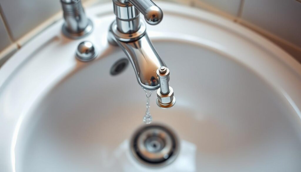A well-lit, high-angle shot of a bathroom sink with a dripping stopcock. The leaking tap is the focal point, showcasing the damaged spindle and water droplets. The sink is made of gleaming porcelain, with a chrome faucet assembly. The background is blurred, creating a soft, serene atmosphere, allowing the viewer to focus on the problem at hand. The lighting is natural, with a warm, ambient glow. The perspective is slightly elevated, giving a clear view of the stopcock's inner workings. The overall mood is one of problem-solving, inviting the viewer to engage with the step-by-step repair process.