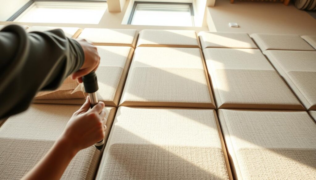 A well-lit, high-angle view of a professional installation of acoustic wall panels. The foreground shows a worker carefully screwing the panels into the wall, their hands and tools in focus. The middle ground showcases the panels' textured surfaces and muted color palette, blending seamlessly with the neutral-toned background. Soft, diffused lighting from windows or overhead sources casts a warm, natural glow, highlighting the precision and care of the installation process. The overall atmosphere conveys a sense of expertise, attention to detail, and the transformative potential of acoustic wall panels to enhance the ambiance of a space.