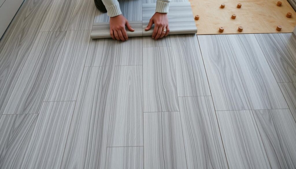 A well-lit, high-angle view of a professional installation of self-adhesive vinyl tiles. The foreground features a section of the floor covered in sleek, modern vinyl tiles with a subtle wood-grain pattern, laid out in a clean, precise manner. The middle ground shows a worker's hands carefully pressing down the tiles, ensuring a tight, seamless fit. In the background, a partially completed section of the floor reveals the bare, prepared subfloor, highlighting the ease of the installation process. The scene conveys a sense of efficiency, attention to detail, and the versatility of self-adhesive vinyl tiles as a flooring solution.