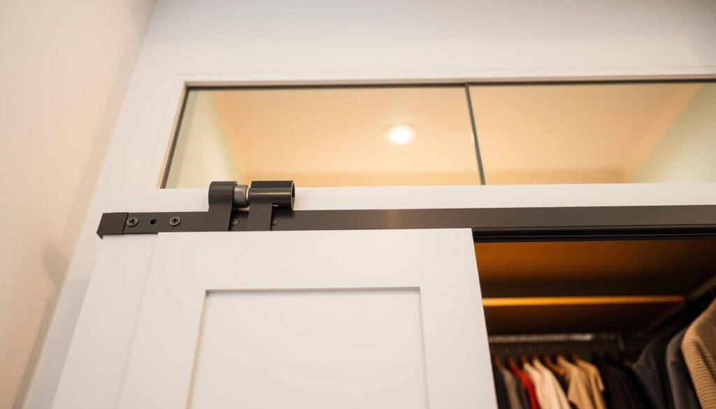 A well-lit, high-angle view of a sliding wardrobe door being carefully reinstalled. The foreground shows the door frame, with the door's rollers and hardware gently slotting into place. The middle ground captures the door gliding smoothly along the track, its polished surface reflecting the light. The background features the interior of the wardrobe, with organized shelves and hanging rods, conveying a sense of order and functionality. The overall scene exudes a calm, focused atmosphere, emphasizing the precision and care required for this home improvement task.