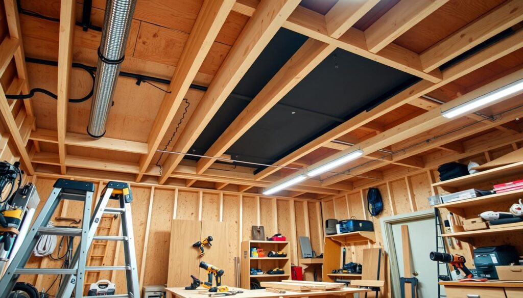 A well-lit, high-angle view of a wood workshop interior, showcasing the installation process of a French cleat ceiling storage system. The foreground depicts a stepladder, power tools, and building materials neatly organized on a workbench. The middle ground features a partially installed French cleat, with the wall studs and ceiling joists clearly visible. The background showcases the rest of the workshop, including shelves, cabinets, and other storage solutions. The overall atmosphere is one of precision, functionality, and a DIY spirit, highlighting the practical benefits of a French cleat system for maximizing available space.