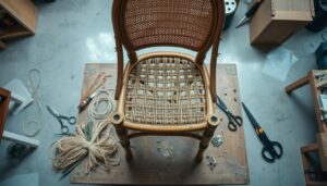 A well-lit, high-angle view of a wooden cane chair undergoing an expert rattan repair process. The chair is positioned on a sturdy workbench, surrounded by various repair tools and materials such as rattan strands, scissors, and a weaving needle. The foreground showcases the intricate technique of hand-weaving new rattan fibers into the chair's seat, while the middle ground reveals the damaged cane structure being carefully mended. The background features a clean, organized workshop environment, conveying a sense of professionalism and expertise. The overall scene exudes a serene, focused atmosphere, highlighting the meticulous craftsmanship involved in restoring the chair to its former glory.