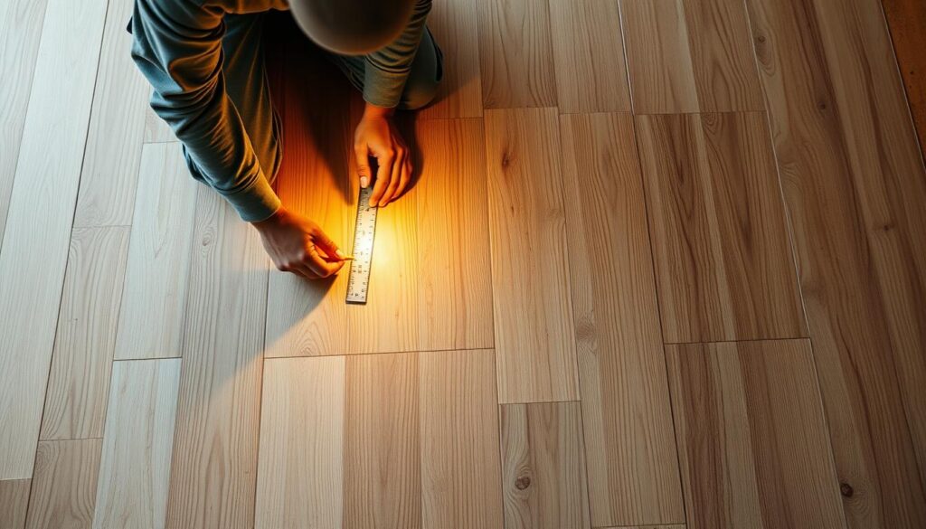 A well-lit, high-angle view of a wooden subfloor being prepared for self-adhesive vinyl tile installation. The floor is free of debris, and the worker is kneeling, carefully measuring and marking guidelines using a ruler and pencil. The subfloor appears clean and sanded, ready to receive the adhesive-backed tiles. Soft, diffused lighting from above casts a warm, inviting glow, highlighting the textures of the wood and the worker's focused movements. The scene conveys a sense of diligence and attention to detail, setting the stage for a successful vinyl tile installation.