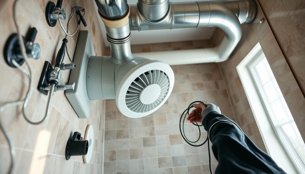 A well-lit, high-angle view of an inline bathroom exhaust fan being professionally installed, showcasing the various components and steps involved. The foreground features the fan housing being carefully fitted into the wall cavity, surrounded by tools and materials like screwdrivers, sealant, and ductwork. The middle ground shows the electrical wiring being connected, with a focus on safety considerations like proper grounding. The background reveals the bathroom setting, with tiled walls and a window providing natural illumination, creating a sense of context and purpose for the installation process.