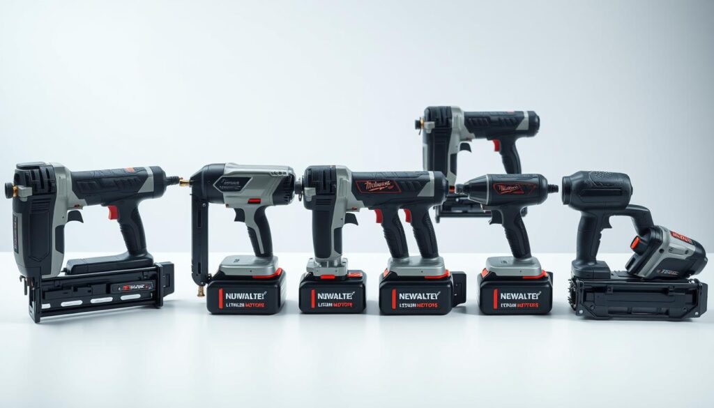 A well-lit, high-quality photograph of an assortment of modern cordless nail guns, showcased on a clean, professional-looking tabletop. The nail guns should be arranged in a visually appealing layout, capturing their sleek, ergonomic designs and highlighting their advanced features, such as lithium-ion batteries, brushless motors, and tool-free depth adjustment. The image should convey a sense of innovation and efficiency, reflecting the transformative impact of cordless technology on the tool industry. Capture the nail guns from a slightly elevated angle, creating depth and emphasizing their precision engineering. Use soft, directional lighting to accentuate the products' contours and metallic accents, while maintaining an overall clean, studio-like atmosphere.
