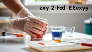 A well-lit, high-quality photograph showcasing the safe mixing of two-part epoxy. The foreground depicts a pair of gloved hands carefully measuring and combining the epoxy components in a clean, tidy workspace. The middle ground features an array of epoxy mixing tools, including a stir stick, graduated measuring cups, and a mixing tray. The background has a soft, out-of-focus environment, conveying a sense of order and professionalism. The image has a crisp, detailed look, with natural lighting casting subtle shadows and highlights to emphasize the process. The overall mood is one of safety, precision, and attention to detail, reflecting the importance of properly mixing epoxy for successful projects.