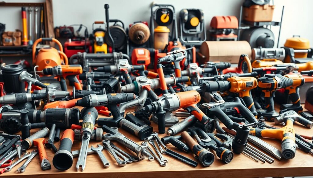 A well-lit, high-quality studio shot of an assortment of power tools and construction equipment neatly arranged on a wooden workbench. The foreground features a variety of hand tools such as drills, saws, hammers, and wrenches, all gleaming with a metallic sheen under the soft, diffused lighting. The middle ground showcases larger power tools like angle grinders, reciprocating saws, and rotary hammers, their sleek bodies casting subtle shadows. In the background, a selection of heavy-duty equipment like cement mixers, tile cutters, and floor sanders creates a sense of depth and the comprehensive range of tools available for hire. The overall scene conveys a professional, organized, and inviting atmosphere, perfect for illustrating the diverse selection of equipment at a tool hire center.