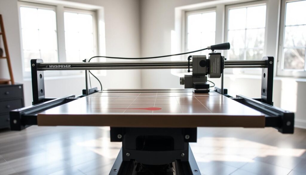 A well-lit, high-quality tile cutter station with a sturdy, rust-resistant steel frame and a precision-engineered sliding mechanism. The cutter's diamond-tipped blade glides effortlessly through ceramic, porcelain, and natural stone tiles, leaving clean, straight edges. The work surface features a marked grid for accurate tile alignment, and the integrated water tray ensures a smooth, dust-free cutting process. The cutter is positioned in a bright, airy room with large windows, allowing natural light to showcase the tool's sleek, professional design. Subtle shadows and reflections add depth and dimension to the scene, creating an atmosphere of skilled craftsmanship and attention to detail.