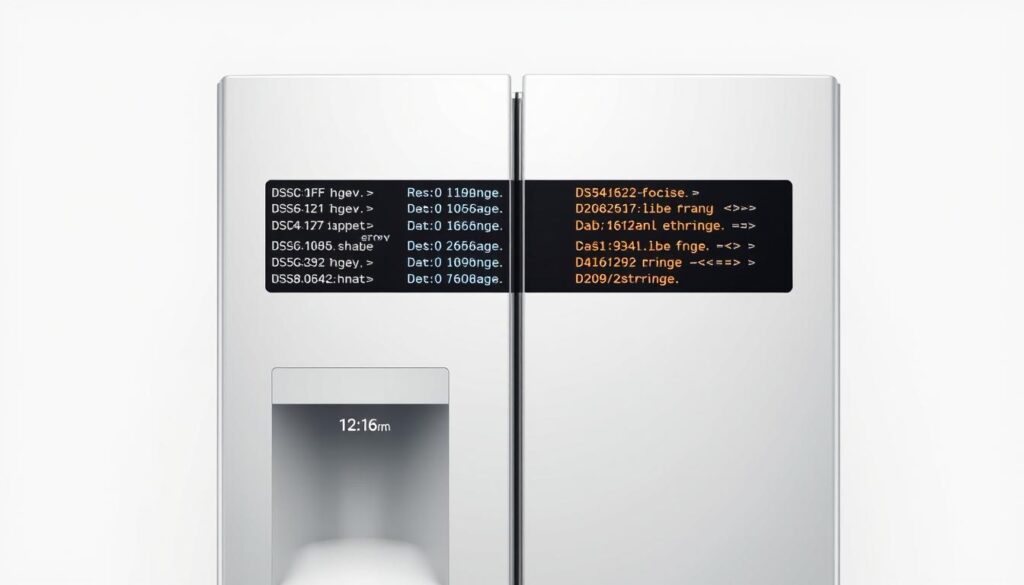A well-lit, high-resolution digital illustration of a modern smart refrigerator display panel showcasing various error codes and diagnostic information. The panel has a sleek, minimalist design with a large LCD screen displaying error codes in a clear, easy-to-read format. The background is a neutral, off-white color to keep the focus on the fridge display. The lighting is soft and evenly distributed, creating a clean, professional appearance. The angle is a direct frontal view, providing a clear and detailed look at the error code information. The overall mood is one of informative clarity, helping the viewer understand the purpose and use of smart fridge error codes.