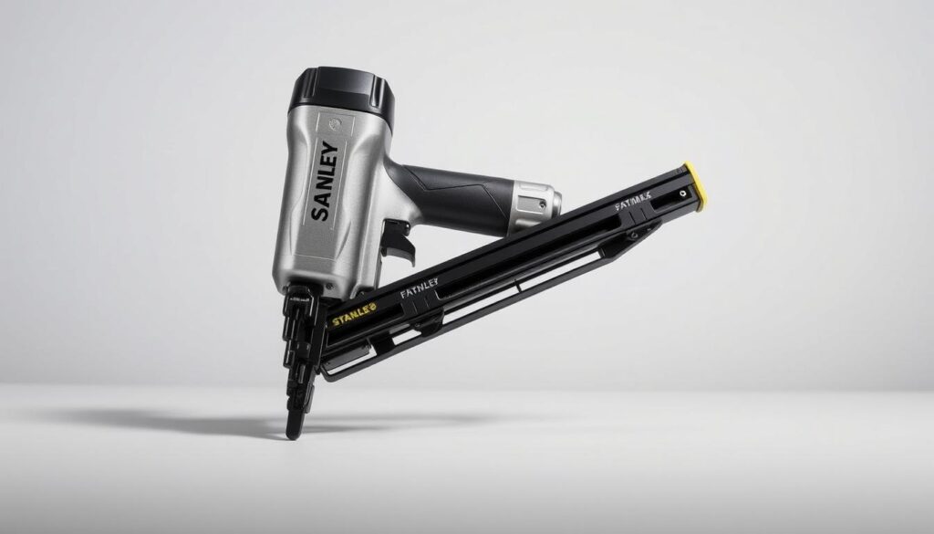 A well-lit, high-resolution image of the Stanley FatMax V20 nailer, showcasing its key features in a clean, professional setting. The nailer is positioned prominently in the center, with a slight angle to highlight its ergonomic design and the V20 branding. The image captures the tool's brushed metal finish, the various attachment points, and the trigger mechanism in crisp detail. The background is a clean, neutral gray or white, allowing the nailer to be the focal point. Subtle, directional lighting accentuates the tool's form and creates subtle shadows, enhancing the depth and dimensionality. The overall mood is one of precision, quality, and technical excellence, aligning with the subject matter of the article.