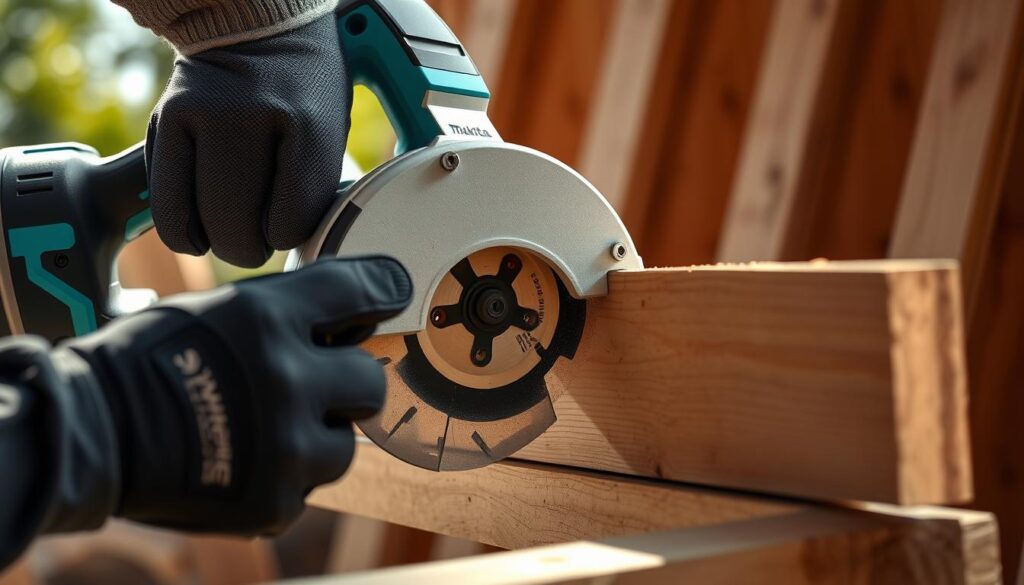 A well-lit, high-resolution shot of a Makita 18V cordless plunge saw in action, cutting through a sturdy wooden board. The saw's blade is extended, slicing through the wood with precision, while the saw's body is firmly gripped by a gloved hand. The scene is captured from a side-on angle, showcasing the saw's power and ergonomic design. The background is blurred, keeping the focus on the saw's performance. Bright, natural lighting illuminates the scene, casting shadows that emphasize the saw's depth and texture. The overall atmosphere conveys the saw's impressive cutting capabilities and quality craftsmanship.