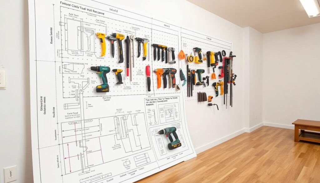 A well-lit, highly detailed diagram of a French cleat wall system, viewed from an angled perspective. The foreground features a meticulously drawn blueprint-style layout of the wall, with dimensions, angles, and fastener placement clearly indicated. The middle ground showcases a collection of various hand tools, power tools, and hardware neatly arranged and labeled, ready to be mounted on the French cleat system. The background depicts a clean, minimalist workshop interior with neutral-toned walls and a hardwood floor, providing a crisp, professional context for the scene.