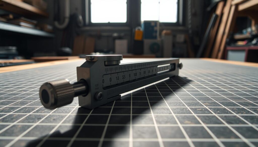 A well-lit industrial workbench, showcasing a combination square resting on a grid pattern surface. The square's precision measuring components are sharply in focus, their metallic gleam illuminated by natural lighting from an overhead window. The background is slightly blurred, emphasizing the tool's importance. Subtle shadows cast by the square's parts convey a sense of depth and dimension. The overall atmosphere is one of meticulous attention to detail, reflecting the care and skill required to ensure the square's accuracy for marking and measurement tasks.