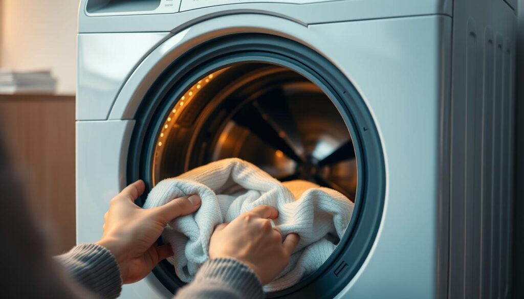 A well-lit, medium-shot view of a modern tumble dryer, its sleek white exterior reflecting the warm glow of a soft, directional light source. The dryer's control panel is visible, showcasing its intuitive digital interface and safety features. In the foreground, a pair of hands carefully loading freshly washed clothes into the drum, highlighting the importance of proper loading and unloading procedures. The background is slightly blurred, emphasizing the dryer as the focal point and conveying a sense of care and attention to detail in the safe operation of this household appliance.