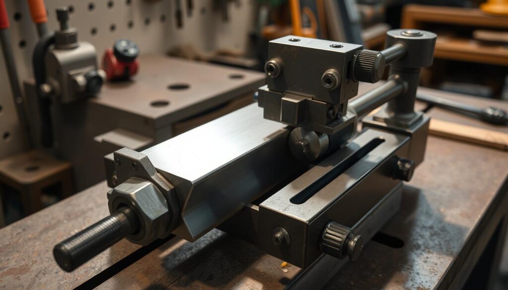 A well-lit metalworking scene showcases a sturdy workbench with a complex mechanical clamping device securely holding a metal workpiece. The clamp's intricate jaws and adjustment mechanisms are clearly visible, indicating precise control over the object's positioning. Soft shadows cast by the clamp's components add depth and dimensionality to the arrangement. The workpiece, made of gleaming steel or aluminum, is illuminated from the side, highlighting its industrial aesthetic. A hint of the surrounding workshop environment, such as tools or machinery, can be seen in the background, providing context for the clamping process. The overall atmosphere conveys a sense of order, functionality, and attention to detail essential for accurate and reliable workpiece clamping.