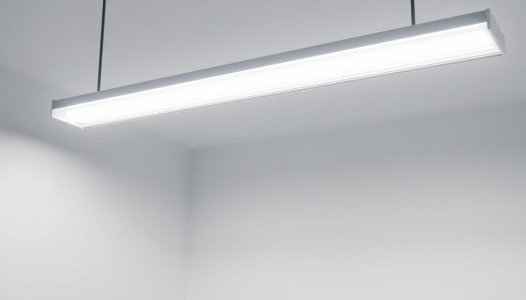 A well-lit, modern LED batten fixture illuminating a clean, minimalist workspace. The batten's sleek, low-profile design seamlessly integrates with the ceiling, casting a warm, even glow across the room. Crisp shadows define the space, highlighting the clean lines and surfaces. The lighting is softened by a diffused lens, creating a comfortable, glare-free ambiance. The scene conveys a sense of efficiency, energy-savings, and a forward-thinking approach to interior design - highlighting the advantages of transitioning from dated fluorescent tubes to state-of-the-art LED batten lighting.