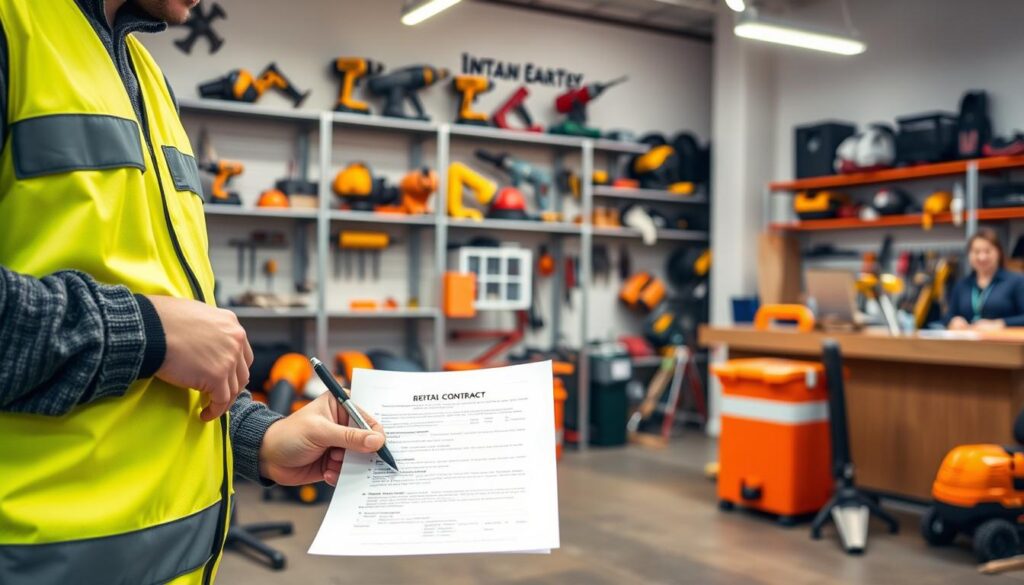 A well-lit, modern workshop interior with various pieces of equipment neatly arranged. In the foreground, a person in a safety vest stands beside a rental contract, signing it with a pen. In the middle ground, shelves display an assortment of power tools, hand tools, and other construction equipment available for hire. The background features a reception desk with a friendly employee assisting a customer. Soft, warm lighting creates a welcoming atmosphere, and the overall scene conveys a smooth, efficient equipment hire process.