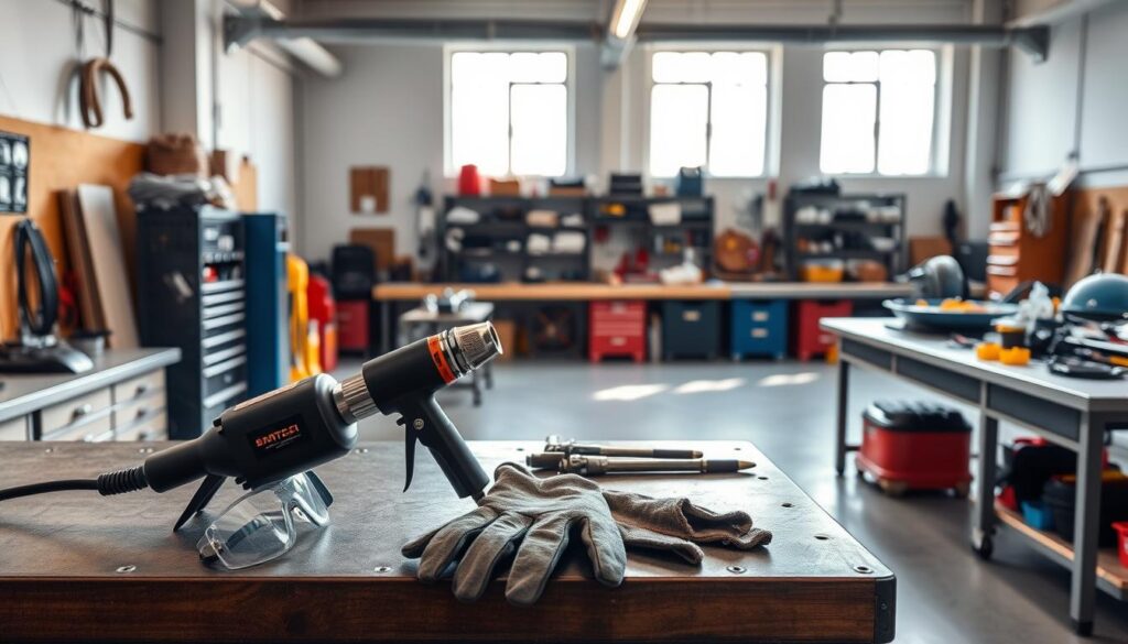 A well-lit, organized workshop with a sturdy workbench and safety equipment. In the foreground, a heat gun sits alongside protective gloves and goggles. The middle ground features a clean, uncluttered workspace with various tools and materials neatly arranged. The background showcases a spacious, well-ventilated room with ample natural lighting filtering through large windows. The overall atmosphere conveys a sense of control, precision, and a commitment to workplace safety.