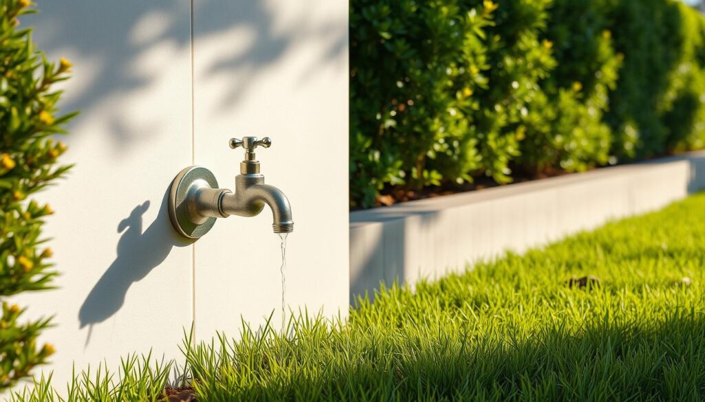 A well-lit outdoor scene with a prominently featured exterior wall, showcasing a newly installed water tap. The tap is made of sturdy metal, gleaming in the sunlight, seamlessly integrated into the wall's surface. The surrounding area is meticulously landscaped, with neatly trimmed grass and lush, vibrant greenery framing the scene. The lighting is natural, creating a warm, inviting atmosphere, and the camera angle captures the tap at a slight upward tilt, emphasizing its functional yet aesthetically pleasing design. The overall impression conveys a sense of careful preparation and attention to detail in the installation process.