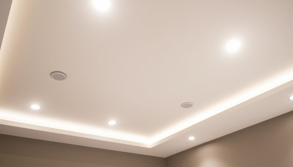 A well-lit room with a recessed LED downlight installation. The ceiling is painted a soft white, casting a warm glow over the space. The downlights are flush-mounted, their circular housings blending seamlessly into the ceiling. The light beams are focused and directional, illuminating a specific area below. The walls are a neutral gray, adding depth and contrast to the scene. The lighting layout is strategically planned, creating a balanced and harmonious ambiance. The room has a modern, minimalist aesthetic, with clean lines and a sleek, sophisticated feel.