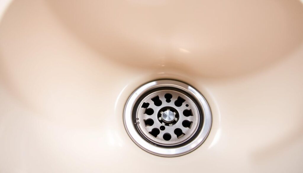 A well-lit sink basin with a focus on the drain, showcasing a preventative mechanism to avoid future gurgling. The drain cover features a specialized strainer design, with strategically placed perforations to allow water flow while trapping debris. The sink's surface is clean and polished, conveying a sense of order and maintenance. Soft, diffused lighting from above casts a warm, ambient glow, highlighting the functionality and aesthetics of the setup. The composition emphasizes the simplicity and effectiveness of the gurgling prevention solution, inviting the viewer to imagine its practical application in their own home.