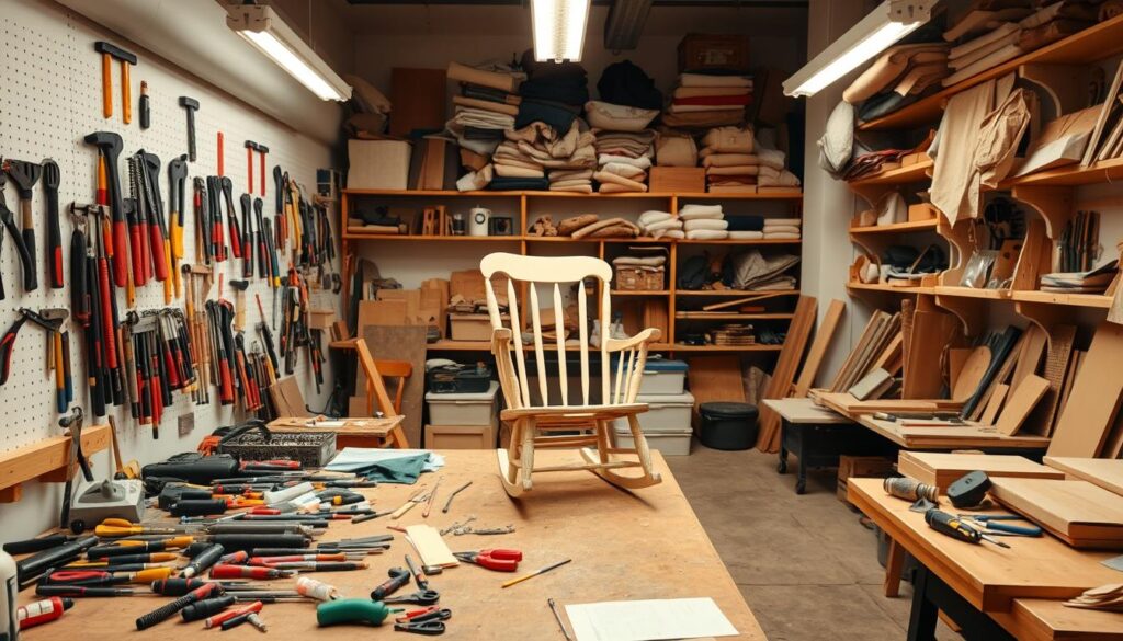 A well-lit, spacious workshop filled with tools and materials for chair repair. In the foreground, a sturdy workbench is cluttered with screwdrivers, pliers, sandpaper, and glue. Hanging on the walls, an assortment of clamps, hammers, and saws stand ready for use. In the middle ground, a partially disassembled rocking chair sits on the bench, its components laid out neatly. The background showcases shelves stocked with spare parts, fabrics, and wood pieces, illuminated by soft, warm lighting from overhead fixtures. The overall atmosphere is one of organization, focus, and readiness to tackle the task at hand.
