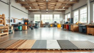 A well-lit, spacious workshop interior with various flooring options showcased in the foreground. The floor displays a range of materials, including hardwood, concrete, epoxy, and interlocking tiles, each presented in a clean, organized manner. The middle ground features tools, workbenches, and machinery, suggesting a functional and practical workspace. The background depicts large windows, allowing natural light to flood the area and create a bright, airy atmosphere. The overall scene conveys a sense of professionalism, organization, and attention to detail, suitable for an informative guide on workshop flooring choices.