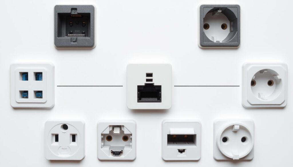 A well-lit technical diagram showcasing various socket connection types, with clear distinction between USB, HDMI, Ethernet, and power sockets. The sockets are arranged in a symmetrical, organized layout, with a clean white background. The image has a neutral, informative tone, conveying the technical details of socket connections in a visually appealing manner. The camera angle is slightly elevated, providing an overhead view for optimal clarity. The lighting is soft and diffused, highlighting the contours and textures of the sockets without creating harsh shadows. The overall composition is balanced and visually pleasing, suitable for use in a technical article on socket connection issues.