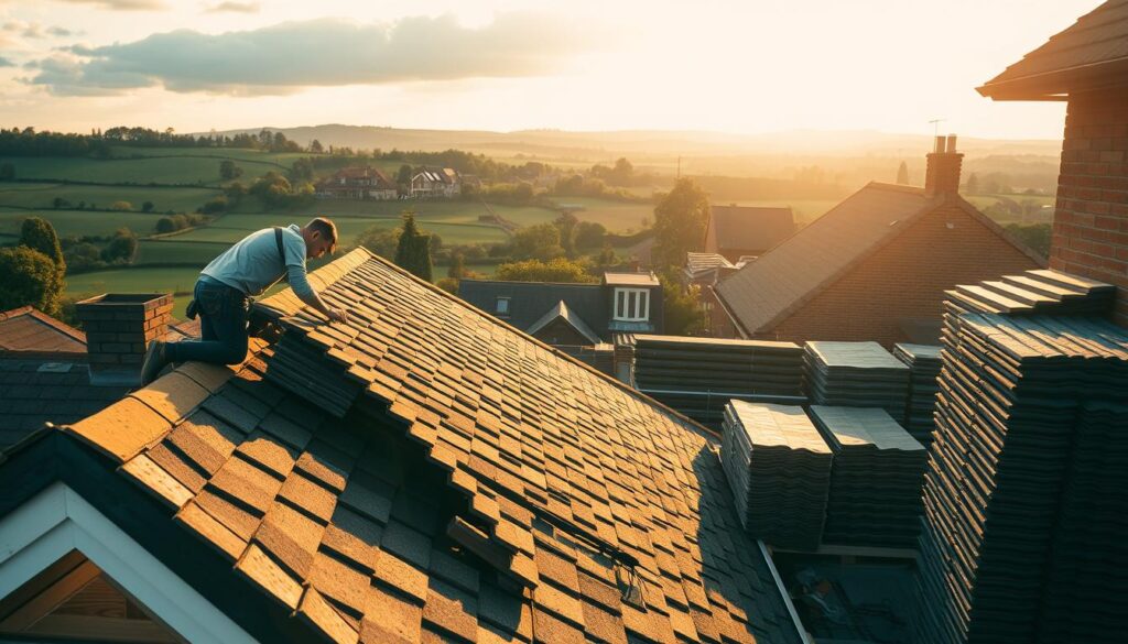 A well-lit, wide-angle shot of a residential roofing service in action. In the foreground, skilled workers carefully install new tiles or shingles on a slanted roof, their movements precise and efficient. The middle ground showcases the range of roofing materials available, neatly stacked and organized. In the background, a picturesque English countryside landscape with rolling hills and lush greenery, setting the scene of a quaint, suburban Derby neighborhood. The lighting is a warm, golden hue, creating a sense of quality craftsmanship and attention to detail. The overall mood is one of reliable professionalism and a dedication to providing top-notch roofing services.