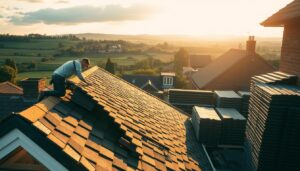 A well-lit, wide-angle shot of a residential roofing service in action. In the foreground, skilled workers carefully install new tiles or shingles on a slanted roof, their movements precise and efficient. The middle ground showcases the range of roofing materials available, neatly stacked and organized. In the background, a picturesque English countryside landscape with rolling hills and lush greenery, setting the scene of a quaint, suburban Derby neighborhood. The lighting is a warm, golden hue, creating a sense of quality craftsmanship and attention to detail. The overall mood is one of reliable professionalism and a dedication to providing top-notch roofing services.