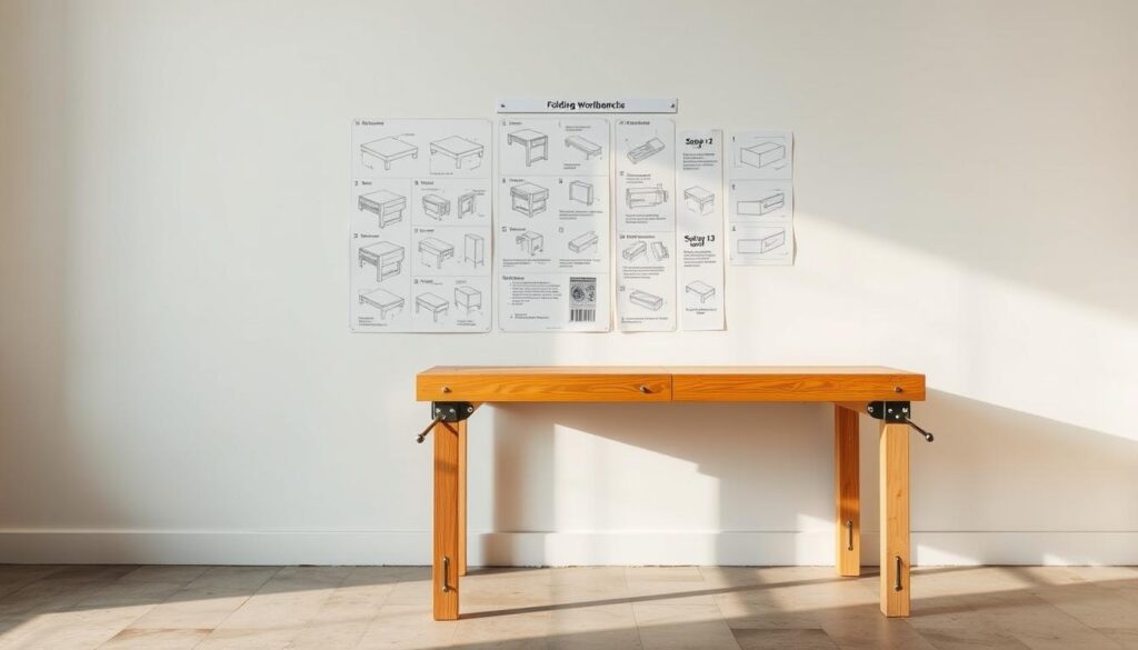 A well-lit, wide-angle view of a DIY folding workbench being installed against a plain white wall. The workbench is in the foreground, its sturdy wooden frame and metal hardware clearly visible. Behind it, a set of detailed step-by-step instructions is displayed on the wall, guiding the viewer through the installation process. The lighting is soft and natural, creating warm shadows and highlights that accentuate the textures of the materials. The overall atmosphere is one of practical DIY expertise, with a sense of order and precision conveyed through the careful composition and attention to detail.