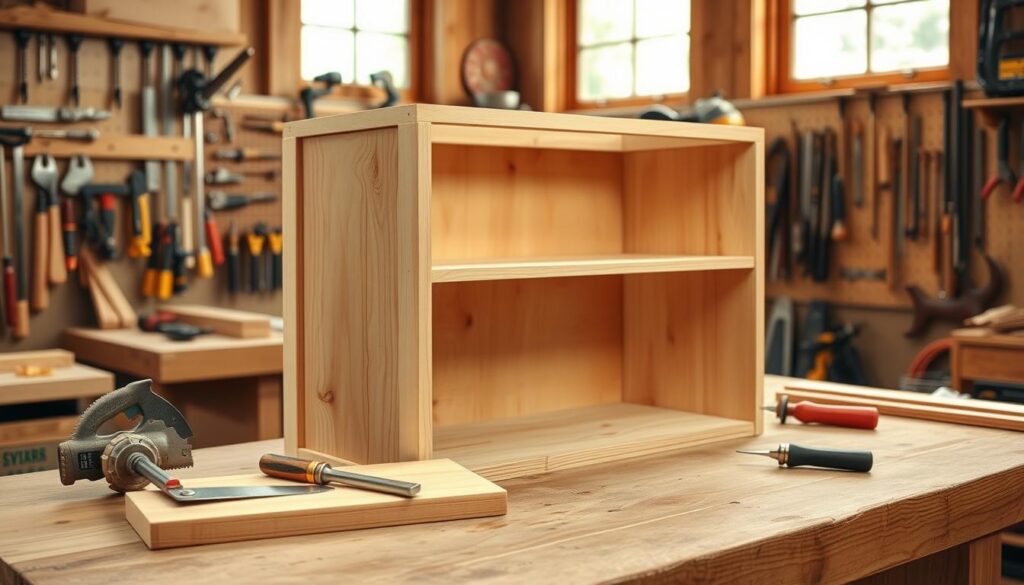 A well-lit woodworking shop with a sturdy workbench in the foreground. On the bench, a carpenter's handsaw and a chisel sit beside a piece of wood with a series of precisely cut dados, the grooves ready to accept the shelves for a custom-built storage system. In the middle ground, the partly assembled storage box frame stands upright, its joints reinforced with wooden dowels. The background reveals organized rows of hand tools, clamps, and other woodworking accessories, all bathed in a warm, natural light filtering in through large windows, creating a sense of focus and efficiency befitting the creation of a practical organizer system.