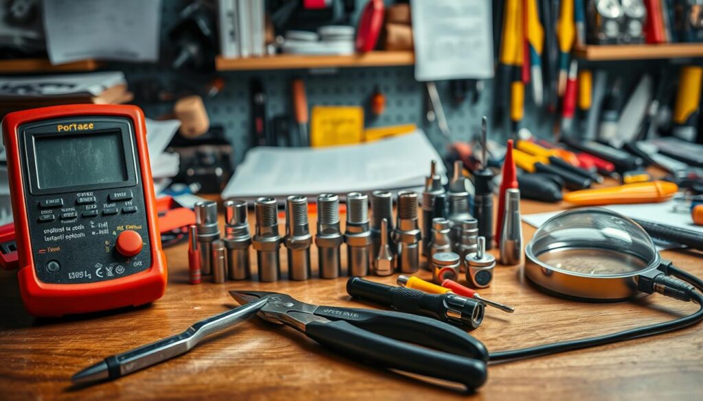A well-lit workbench showcases an array of socket diagnostic tools. In the foreground, a digital multimeter, pliers, and a magnifying glass sit neatly arranged, ready to analyze electrical connections. In the middle ground, a collection of sockets, adapters, and test leads stand at the ready, their metallic surfaces gleaming under the soft lighting. The background is blurred, but suggests a workspace filled with technical manuals, screwdrivers, and other repair essentials, creating a professional, problem-solving atmosphere. The scene conveys a sense of methodical troubleshooting, guiding the viewer towards the root cause of any socket-related issues.