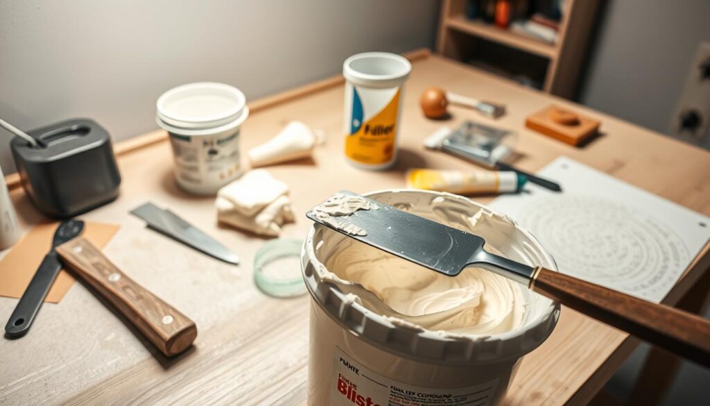A well-lit workbench with an array of tools and materials for mixing filler compound. In the foreground, a trowel dips into a bucket of thick, creamy filler, meticulously blending the mixture. Nearby, a putty knife, sandpaper, and a plastic scraper stand ready. The middle ground features a tube of filler compound and a small mixing container. The background showcases a clean, organized workspace with shelves holding additional supplies. Soft, directional lighting casts subtle shadows, emphasizing the textures and consistency of the materials. The overall scene conveys a sense of precision, preparation, and the expertise required for properly mixing and applying filler compound.